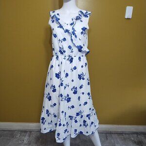 Blue Beri Sleeveless Floral Embroidered Cotton Smocked Midi Dress M Cottage Boho